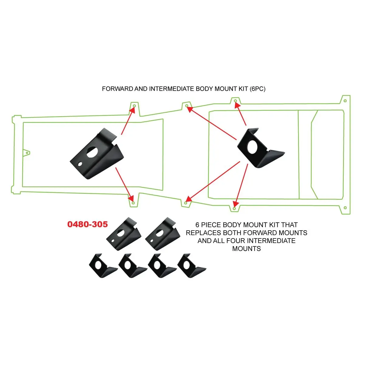 1987-1995 JEEP YJ WRANGLER 6 PIECE BODY MOUNT KIT Diagram