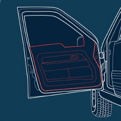 An illustration of a a technical diagram of a vehicle door panel removal directions
